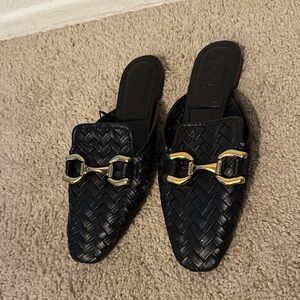 Zara Black Woven Mules with Gold Buckle